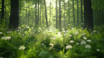 Sunlit forest clearing with fresh green foliage and blooming wildflowers, evoking a sense of serenity and connection with nature, ideal for outdoor, environmental, and natural beauty themes.