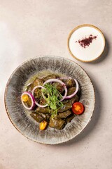 Traditional dolma dish with yogurt sauce garnished with herbs and spices