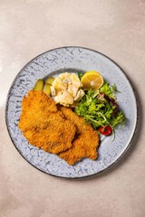 Delicious breaded schnitzel lying on plate with potato salad and greens