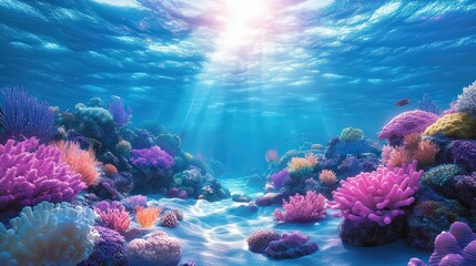 Vibrant Underwater Coral Reef Scene with Glowing Colors