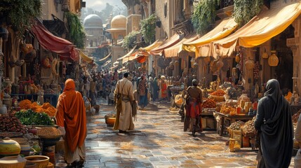 Obraz premium A Bustling Marketplace in a Fictional Middle Eastern City