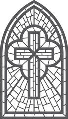 Gothic church glass window. Catholic cathedral frame with cross. Medieval stained castle architecture Christian design mosaic decoration