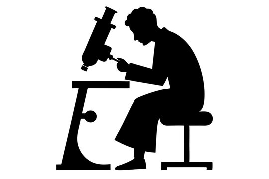 recommend clip art: Scientist with microscope silhouette, scientist sitting on chair and doing research in microscope | vector silhouette illustration on white background