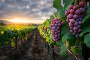 Grape plant plant ready to harvest on a vine yard in the morning.