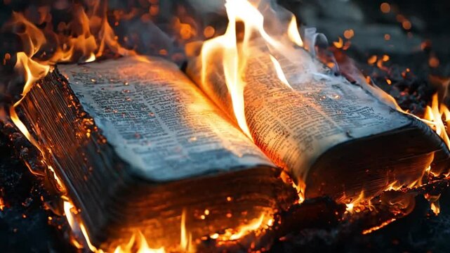 Bible on fire. Holy bible on fire. Religious book. Destruction of Sodomand and Gomorrah 4k video
