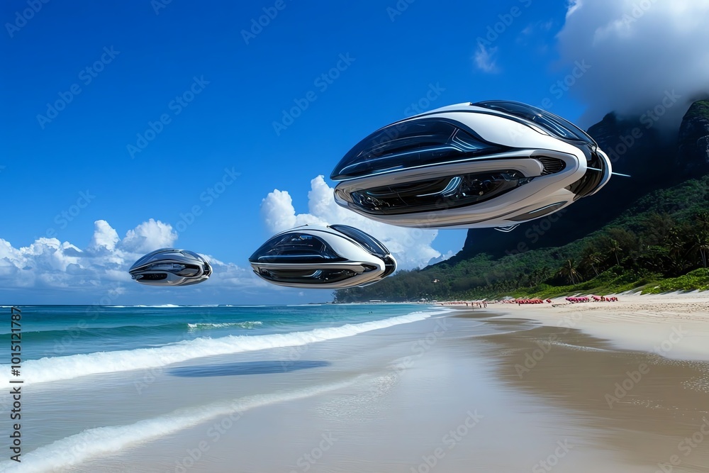 Poster futuristic beach scene with hovering platforms, advanced technology floating above the water while t