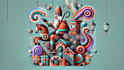 An unexpected and modern twist on a traditional Dutch Sinterklaas scene, using an unconventional color scheme and artistic style.