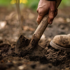 Hand Digging Soil with a Shovel in the Garden