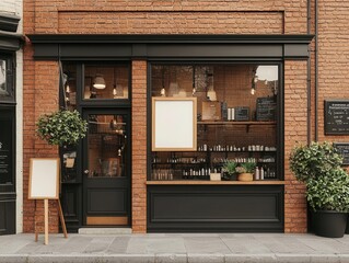 Boutique barber shop exterior with exposed brick, large windows, and hanging plants, Barber Shop, Boutique Style