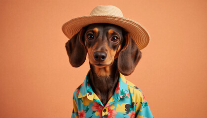 Stylish Dachshund Confidently Wearing Hawaiian Shirt and Straw Hat on Beach