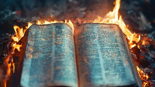 Bible on fire. Holy bible on fire. Religious book. Destruction of Sodomand and Gomorrah 4k video