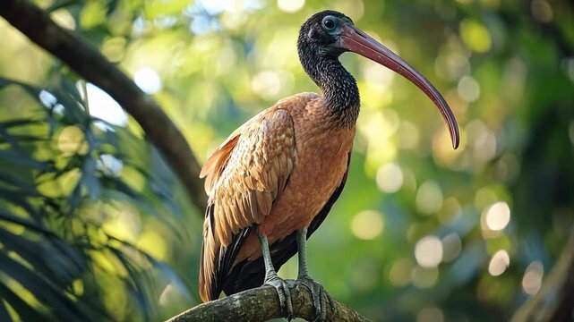 A brown ibis perches on a branch in a lush, green forest