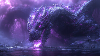 massive purple dragon emerges from misty waters, radiant energy pulsing from its form © Laurent