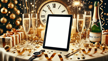 New Year's Eve Mockup Scene with Blank White Screen on Digital Tablet and Festive Decorations. AI-generated