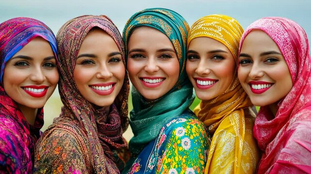 Five women wearing colorful headscarves smile for a photo