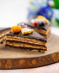 Delicious cake slice with chocolate and fruits topping sitting on wooden board