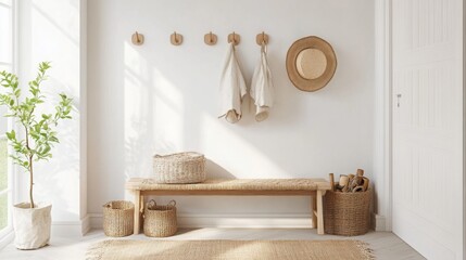 A well-designed entryway features a wooden bench, hanging coats, and a straw hat