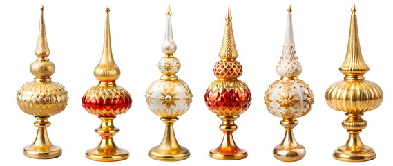 Christmas Finial Tree Topper Glass Ornament Set in Gold and Red, in retro vintage style Isolated on White Transparent Background, PNG Element