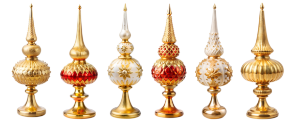 Christmas Finial Tree Topper Glass Ornament Set in Gold and Red, in retro vintage style Isolated on White Transparent Background, PNG Element
