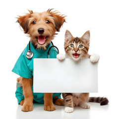 Dog and Cat Holding Blank Sign – Veterinary Concept