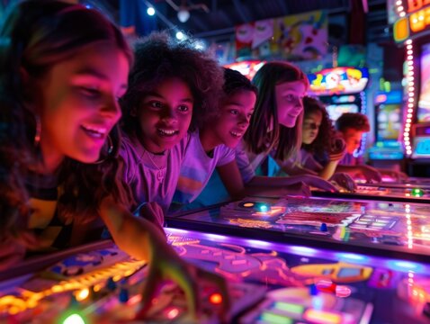 A vibrant gathering of kids from diverse backgrounds sharing joy and laughter while playing tabletop games in a colorful arcade setting
