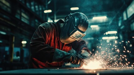 A worker welding metal structures in an industrial workshop, wearing protective helmets and glasses,