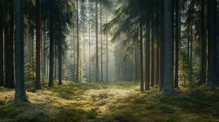 Fototapeta premium Sunlit forest with tall trees and a soft glow filtering through, creating a peaceful and serene natural scene, perfect for themes of nature, tranquility, and outdoor exploration.