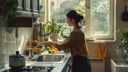 Woman Washing Citrus Fruits in a Kitchen Sink