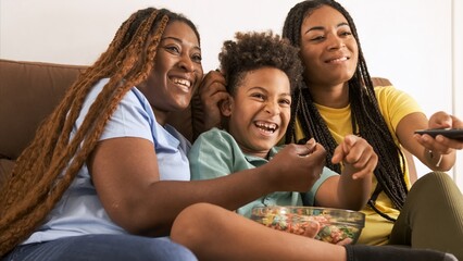 Cheerful loving family enjoying popcorns while watching TV at home
