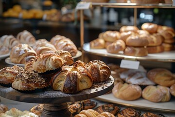 A tempting display of freshly baked bread and pastries inviting warmth of a cozy bakery at sunrise