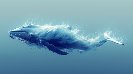 A minimalistic side profile of a graceful whale swimming in a vast, open ocean, with the whale rendered in smooth, clean lines against a gradient blue background