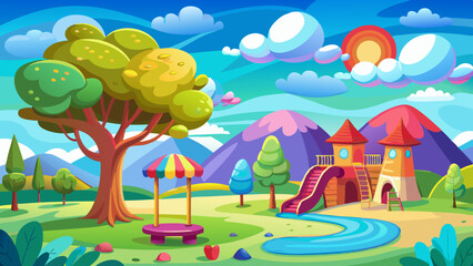 Naklejka premium A colorful and whimsical landscape with a playground, a tree, and a blue sky with fluffy white clouds