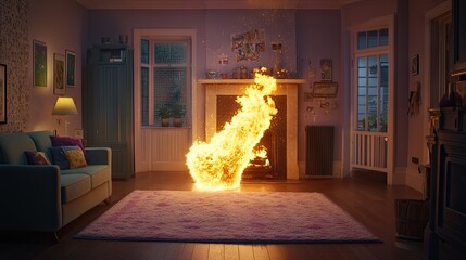 A lit fireplace in a modern living room, with the fire spreading dangerously. The scene captures the potential hazard of fire in a house.