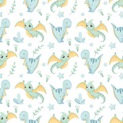 Vector children's seamless pattern with colorful dinosaurs, plants and footprints on a white background. Ideal for children's clothing, textiles, wallpaper, wrapping paper. Patern with blue dinos