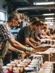Volunteers collaborate at a humanitarian aid facility to sort and package essential food kits for those in need