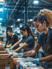 Obraz premium Volunteers unite in a humanitarian aid facility, sorting and packing essential food kits and supplies for those in need