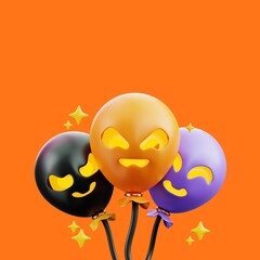 3D Three Halloween ballons on orange background for instagram post