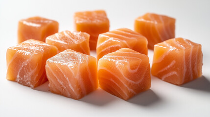 Sushi cubes made of salmon, with an orange color on a white background, food photography,