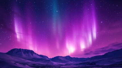 Fototapeta premium Majestic Aurora Night Sky Landscape with Purple Northern Lights and Starry Universe