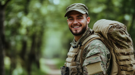 Obraz premium Portrait of a smiling young soldier with a backpack standing in a forest, looking at the camera and laughing. A man wearing a camouflage uniform is walking outdoors on a military t