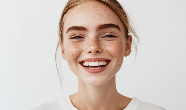 close-up portrait of young pretty teenage blond girl on white background isolated, face with freckles, cute candid natural look expression - Powered by Adobe