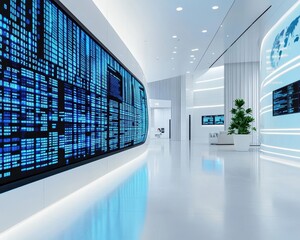 Virtual reality bank lobby with interactive data displays for user accounts, VR banking, data integration