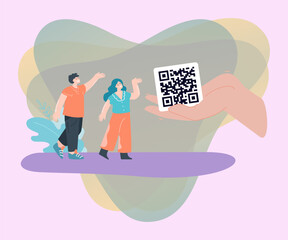 Huge hand giving QR code to tiny cartoon customers. Man and woman looking at barcode flat vector illustration. Shopping, information, technology concept for banner, website design or landing web page