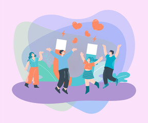 Happy young people with big magnet attracting hearts. Employees or friends using marketing strategy flat vector illustration. Social media, advertising, love concept for banner or landing web page