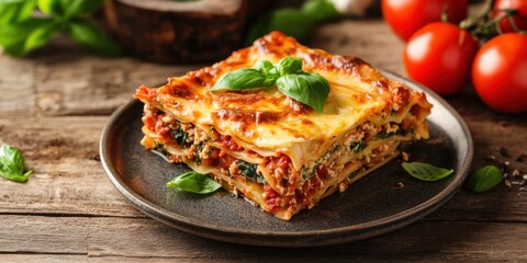 Slice of Savory Vegetable Lasagna Served on a Plate with Fresh Basil on the Side on a Wooden Table