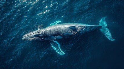 Fototapeta premium A clean, minimalistic design showing a whale from above, with its shape and contours subtly outlined against a vast, empty sea