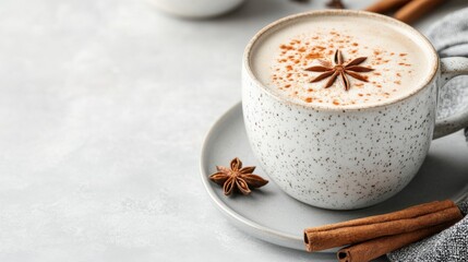 Spiced Chai Latte Served in a Beautiful Mug with Cinnamon Sticks and Star Anise on a Cozy Table