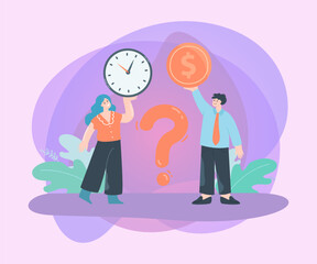 Male and female employees holding clock and gold coin. Man and woman comparing money to time flat vector illustration. Finances, investment, time management concept for banner or landing web page