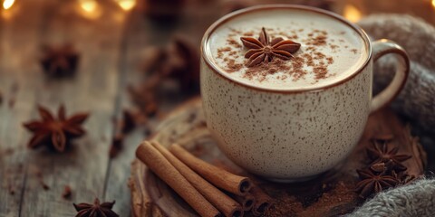 Spiced Chai Latte Served in a Beautiful Mug with Cinnamon Sticks and Star Anise on a Cozy Table