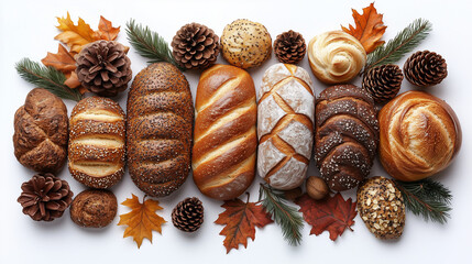 Set of freshly baked assorted buns, decorated with pine cones, fir branches and maple leaves, symbolizing a bountiful Thanksgiving feast